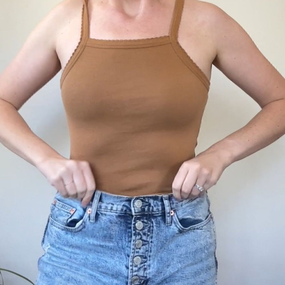 Bp Picot Trim Cotton Blend Rib Bodysuit Tan Brown XS